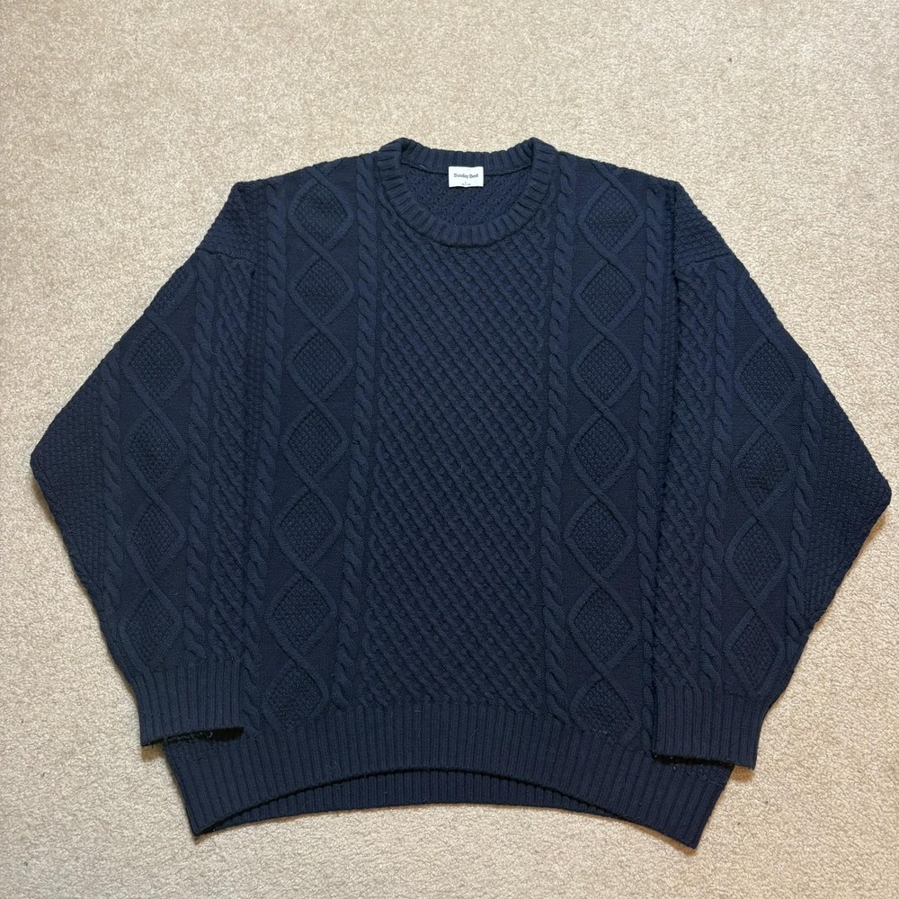 Aritzia Sunday Best Sweater Large Blue Chunky Cable Knit Crewneck Pullover